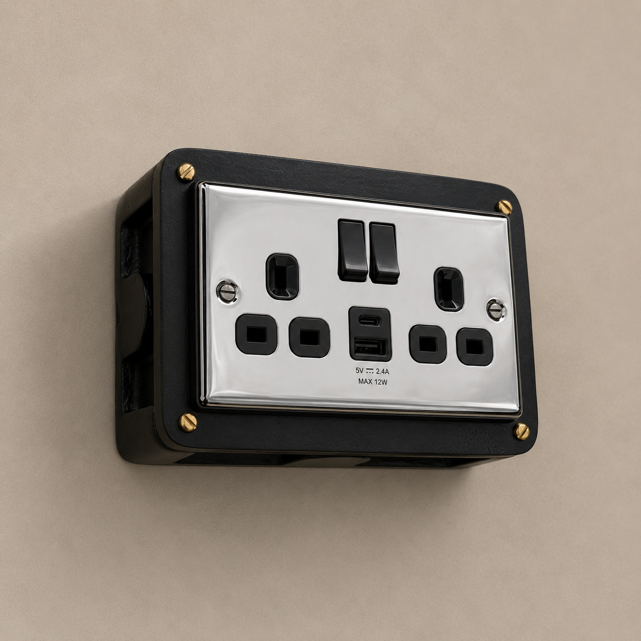 Black Double Switched Black Nickel Power Socket 230V 2 Gang Solid Cast Metal Conduit Switch