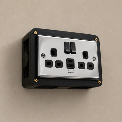 Black Double Switched Black Nickel Power Socket 230V 2 Gang Solid Cast Metal Conduit Switch
