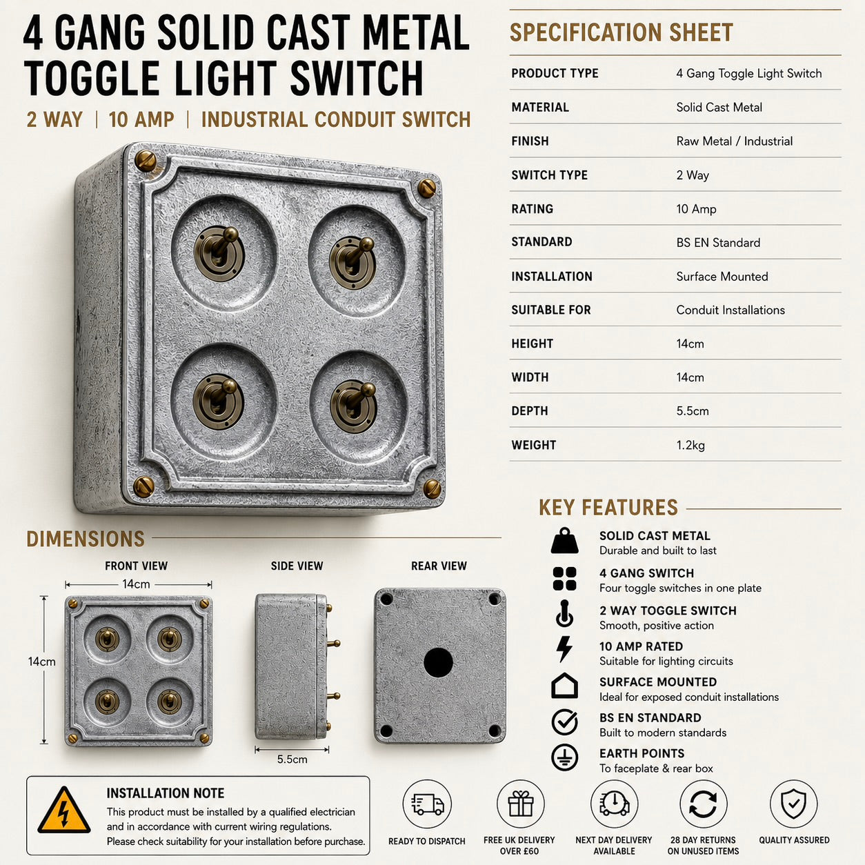 4 Gang 2 Way Solid Cast Metal Conduit Light Toggle Switch | Industrial Surface Mounted