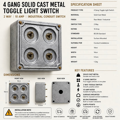 4 Gang 2 Way Solid Cast Metal Conduit Light Toggle Switch | Industrial Surface Mounted