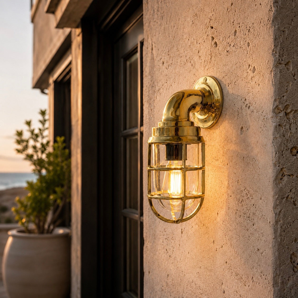 Beachamwell - Solid Brass Caged Swan Neck Outdoor & Bathroom Wall Light - 10.5 Inch