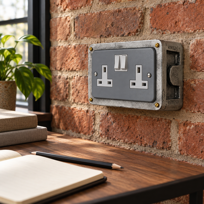 Grey Metal Clad Double Switched 13A Power Socket 230V Industrial Conduit