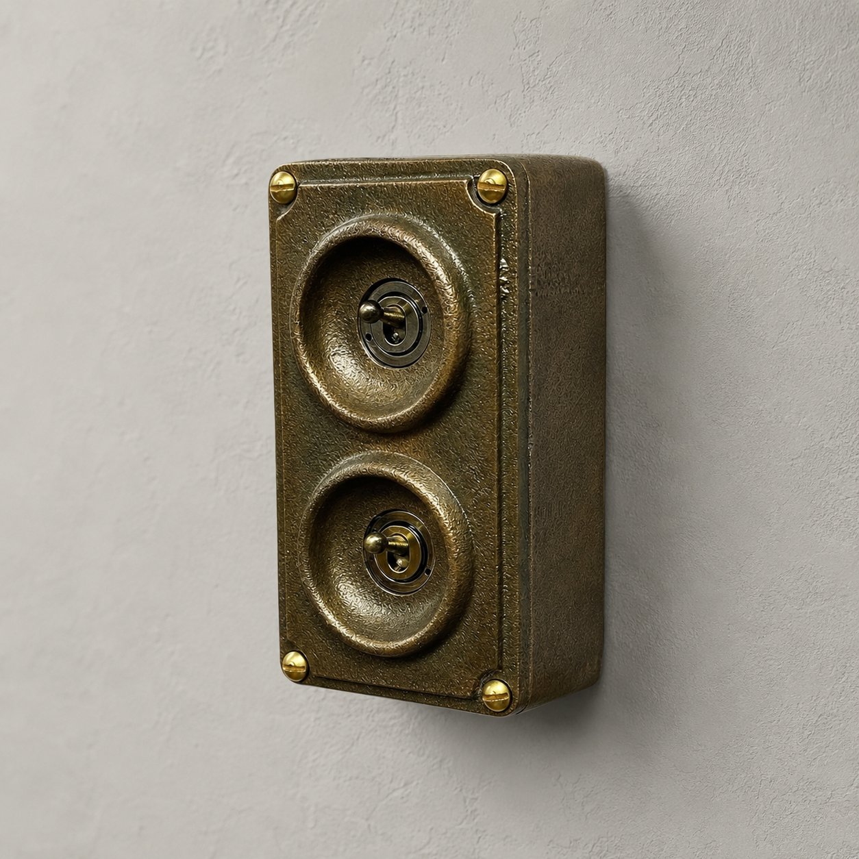 Antique Brass 2 Gang 2 Way Solid Cast Metal Conduit Light Switch | Industrial Surface Mount