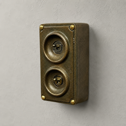 Antique Brass 2 Gang 2 Way Solid Cast Metal Conduit Light Switch | Industrial Surface Mount