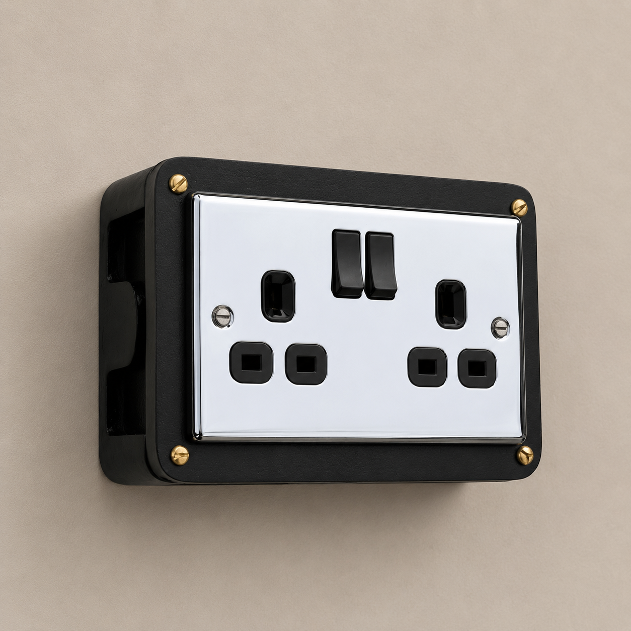 Black Double Switched Black Nickel Power Socket 230V 2 Gang Solid Cast Metal Conduit Switch