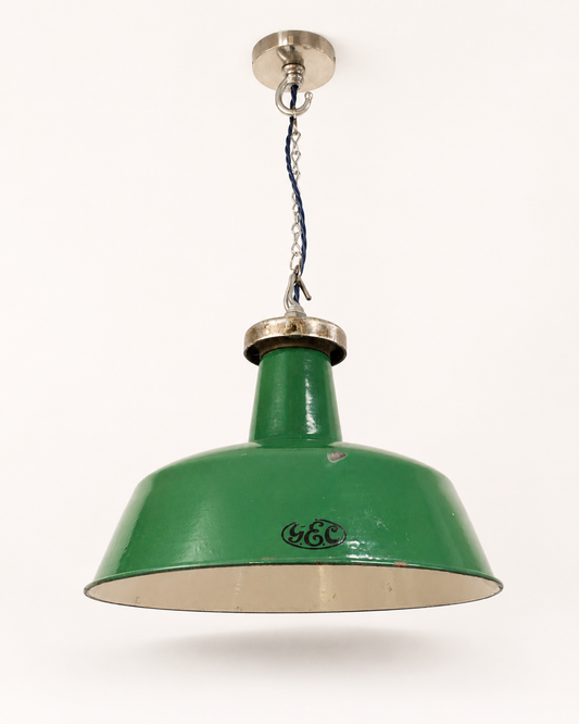 G.E.C 1930s Green Industrial Enamel Shade Pendant Light