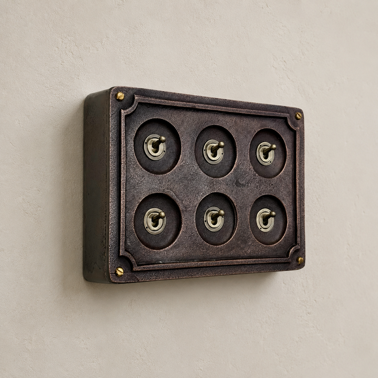 6 Gang 2 Way Antique Copper Toggle Light Switch | Solid Cast Metal Conduit Style