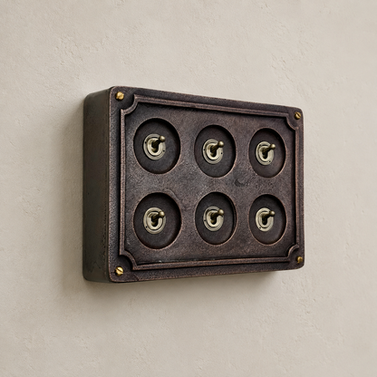 6 Gang 2 Way Antique Copper Toggle Light Switch | Solid Cast Metal Conduit Style