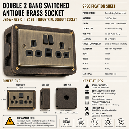 Antique Brass Double Switched Antique Copper Solid Cast Metal Conduit 2-Gang Socket + 2 Outlet Type A & C USB Charger