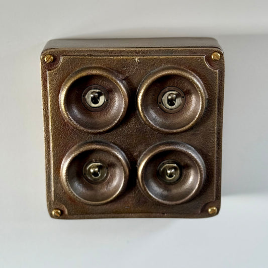 4 Gang 2 Way Solid Antique Brass Bronze Metal Surface Mounted Conduit Light Switch Industrial - BS EN Approved Vintage Crabtree 1950’s Style