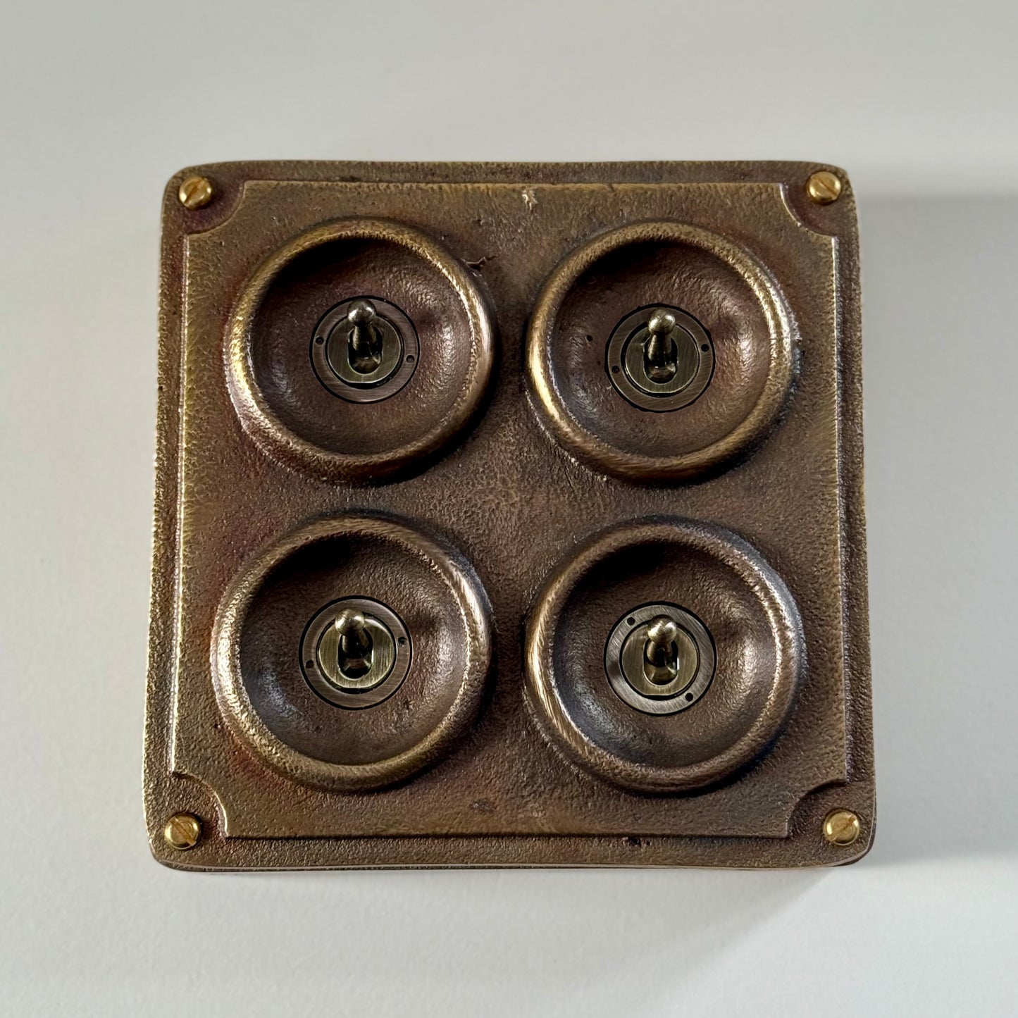 4 Gang 2 Way Solid Antique Brass Bronze Metal Surface Mounted Conduit Light Switch Industrial - BS EN Approved Vintage Crabtree 1950’s Style