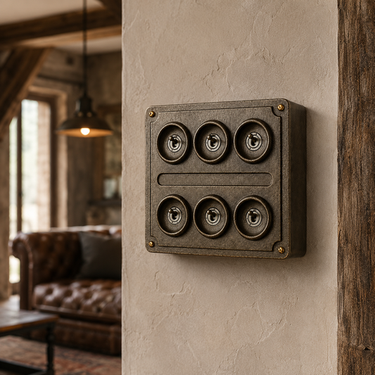 6 Gang 2 Way Antique Brass Solid Cast Metal Toggle Light Switch | Industrial Vintage Style