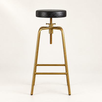 Antique Brass & Black Leather Adjustable Bar Stool