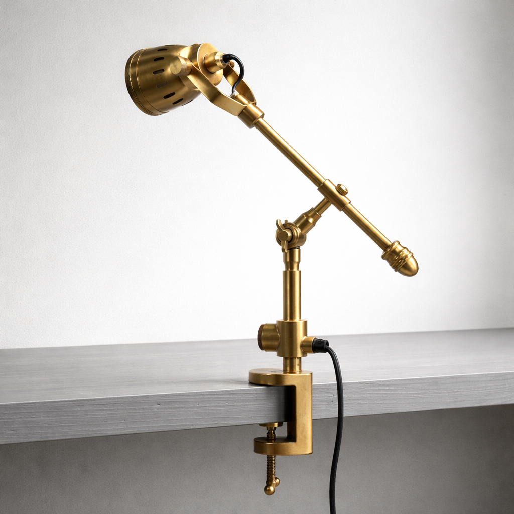 Solid Brass Adjustable Clamp Desk Lamp · Articulated Industrial Spotlight