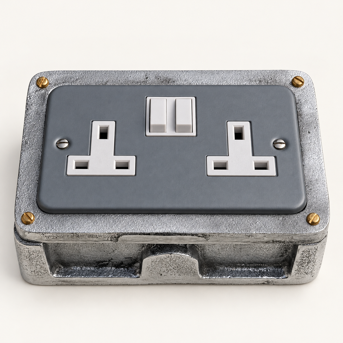 Grey Metal Clad Double Switched 13A Power Socket 230V Industrial Conduit