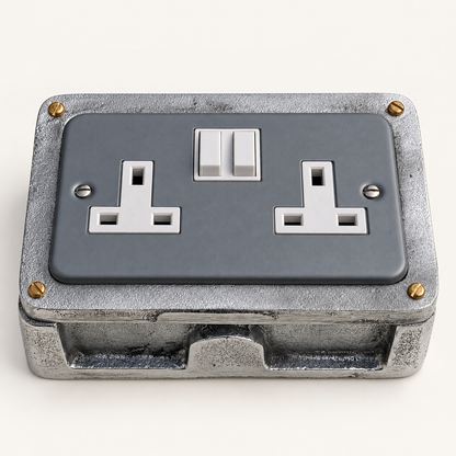 Grey Metal Clad Double Switched 13A Power Socket 230V Industrial Conduit