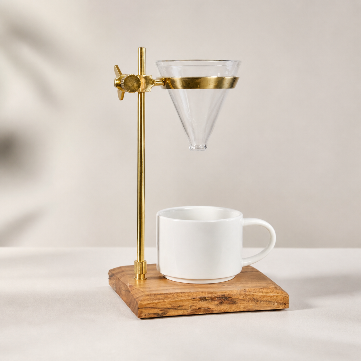 Slow Drip Pour Over Coffee Stand | Brass, Wood & Glass Brewer
