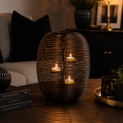 Botswana Black & Gold 3-Tier Tealight Lantern Candle Holder | 30cm