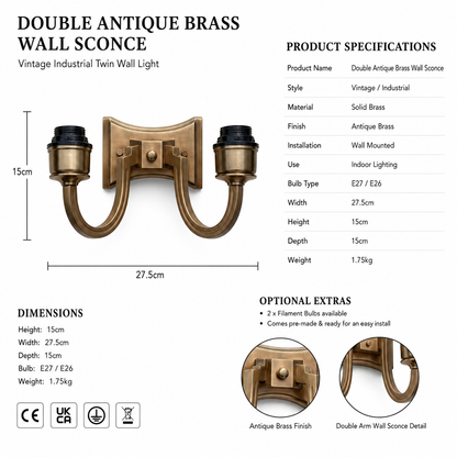 Double Antique Brass Wall Sconce Light | Vintage Industrial Twin Wall Lamp