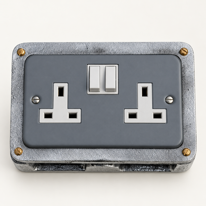 Grey Metal Clad Double Switched 13A Power Socket 230V Industrial Conduit