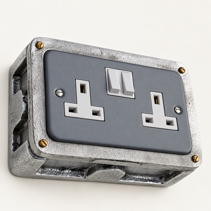 Grey Metal Clad Double Switched 13A Power Socket 230V Industrial Conduit
