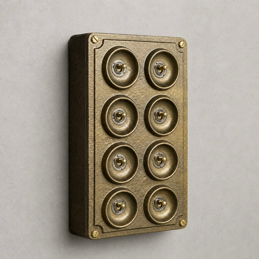 8 Gang 2 Way Bronze Cast Metal Toggle Light Switch | Industrial Surface Mounted Conduit Style