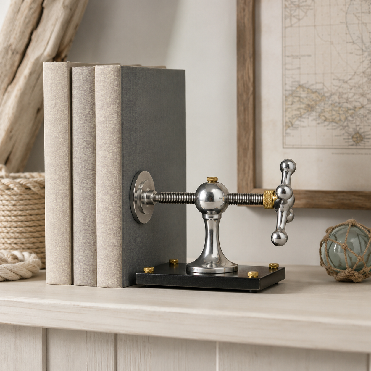 Windlass Bookend Nautical Book Holder Aluminium & Brass | DVD Organizer