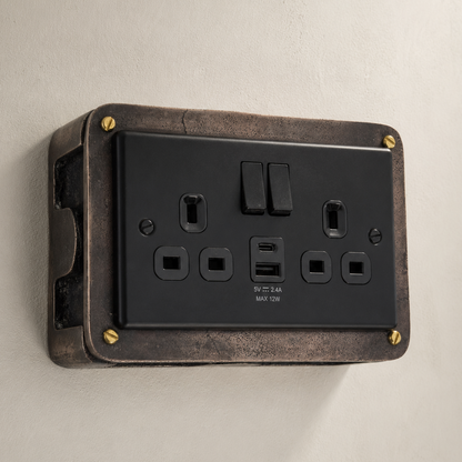 Matt Black Double Gang Plug Socket with Industrial Antique Copper Back Conduit Box