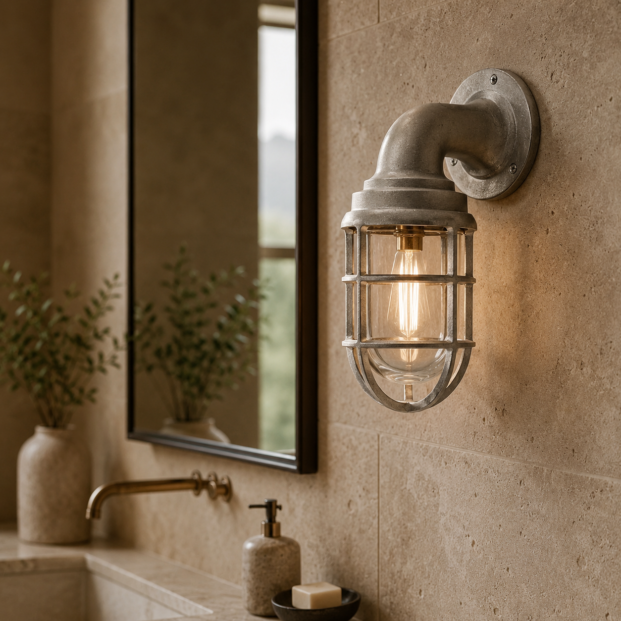 Beachamwell - Raw Cast Aluminium Caged Bulkhead Wall Light | Outdoor & Bathroom | 10.5 Inch