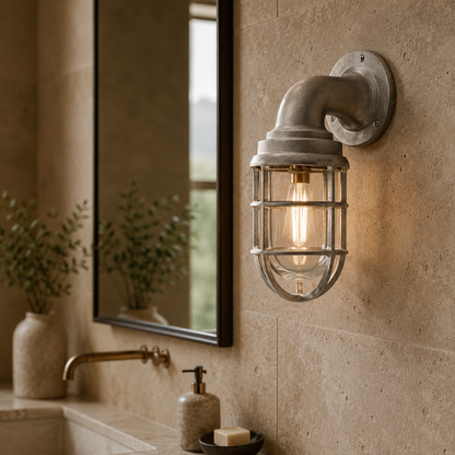 Beachamwell - Raw Cast Aluminium Caged Bulkhead Wall Light | Outdoor & Bathroom | 10.5 Inch
