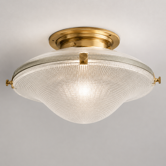 Houghton - Flush Mount Holophane Glass Ceiling Light | Solid Brass Prismatic Vintage Art Deco Light
