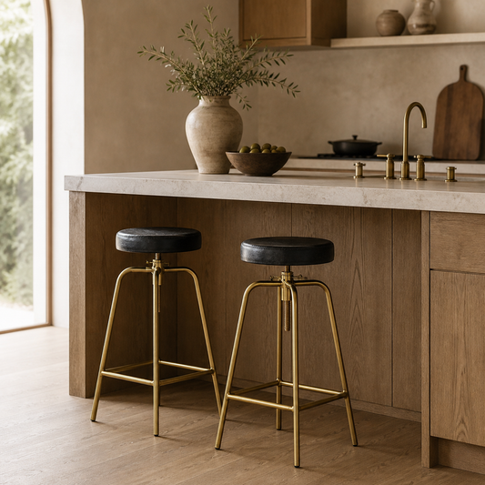 Brass Bar Adjustable Stool Black Leather Top Seat | Vintage Industrial Style