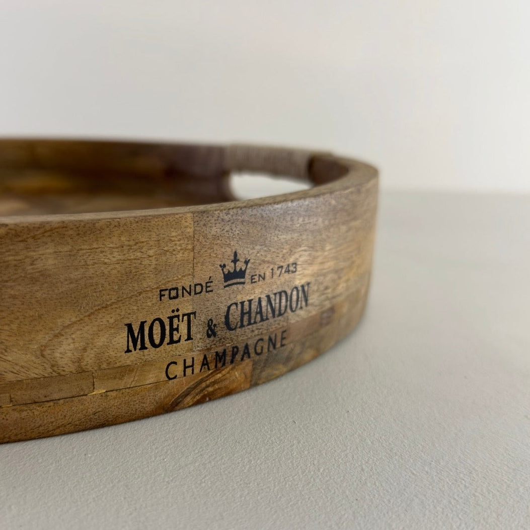 Moët & Chandon Champagne Medium Round Wooden Serving Tray Natural Wooden Patchwork