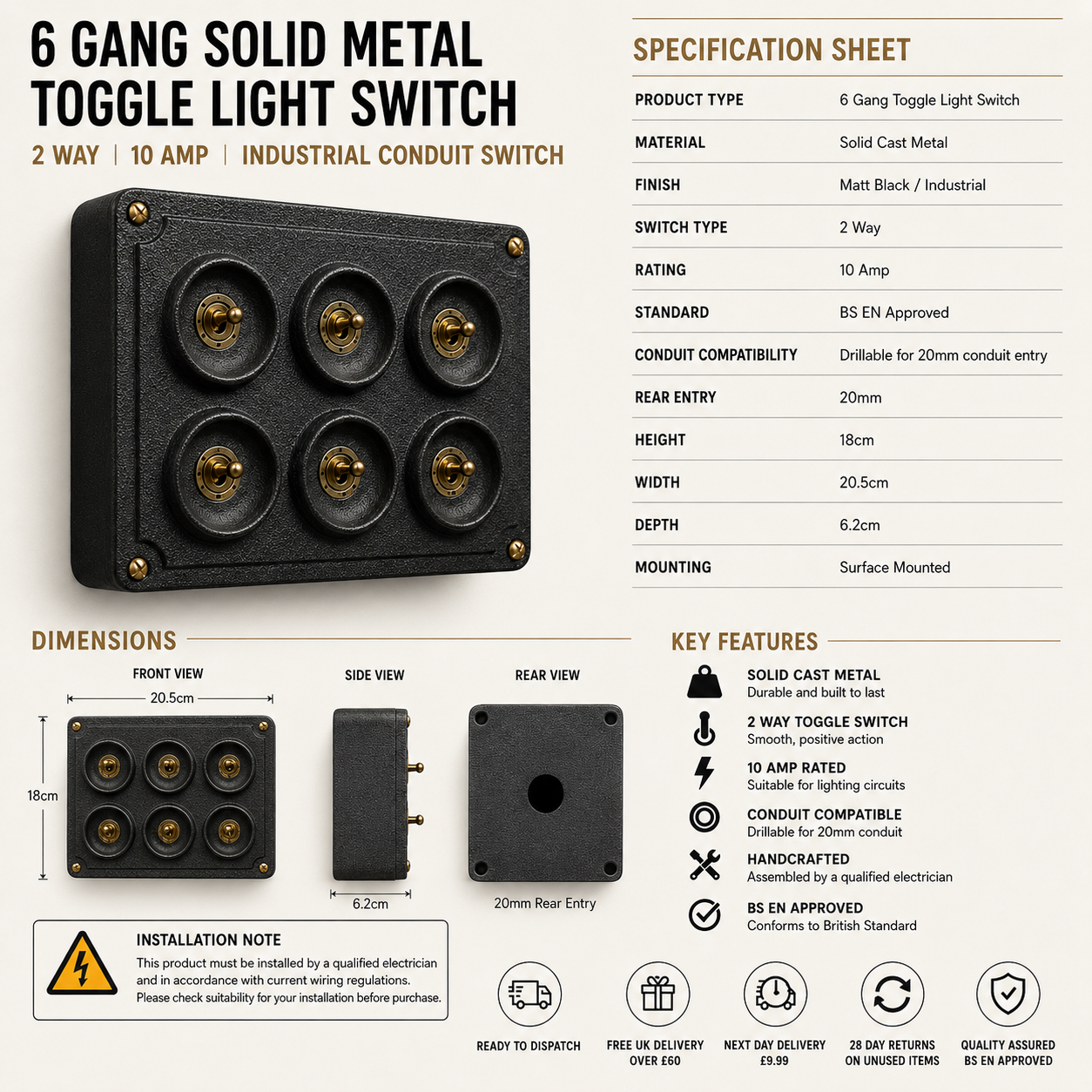 6 Gang 2 Way Matt Black Metal Toggle Light Switch | Surface Mounted Industrial Conduit