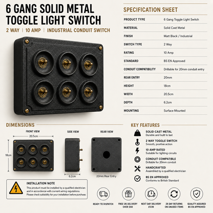 6 Gang 2 Way Matt Black Metal Toggle Light Switch | Surface Mounted Industrial Conduit