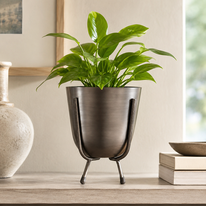 Pewter Grey Indoor Plant Pot & Stand | Small Metal Planter