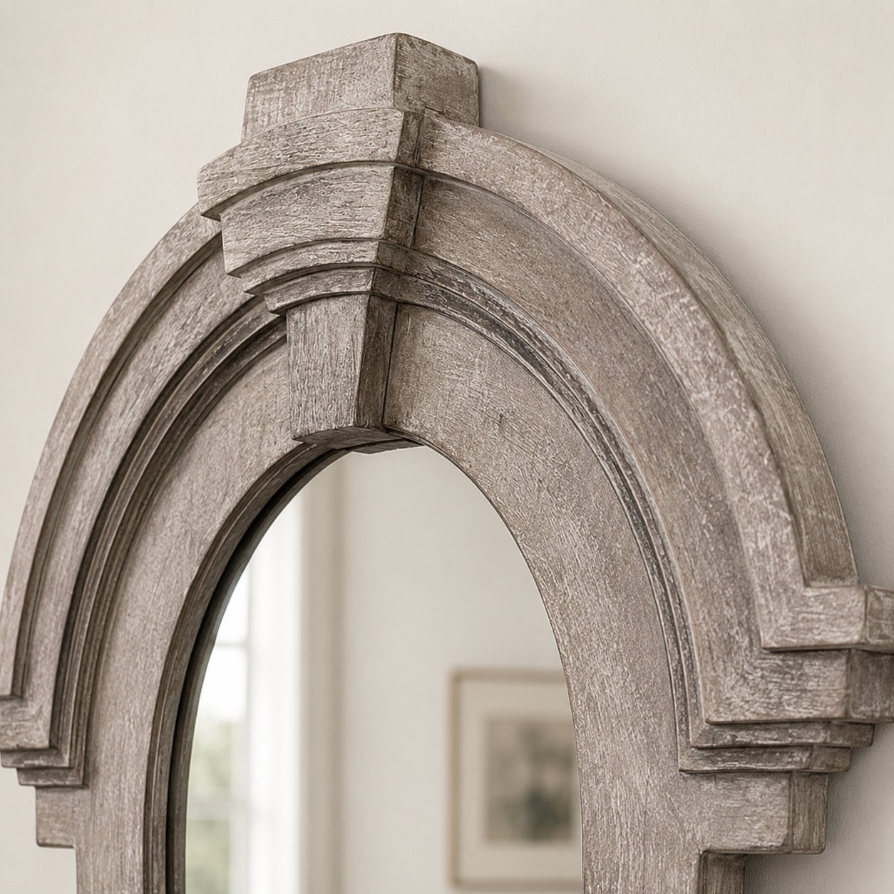 Mansard Arched Mirror | Hand-Carved Whitewashed Mango Wood