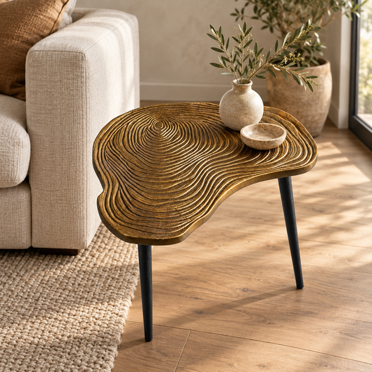 Brass Clover Side Table | Etched Top & Black Iron Legs