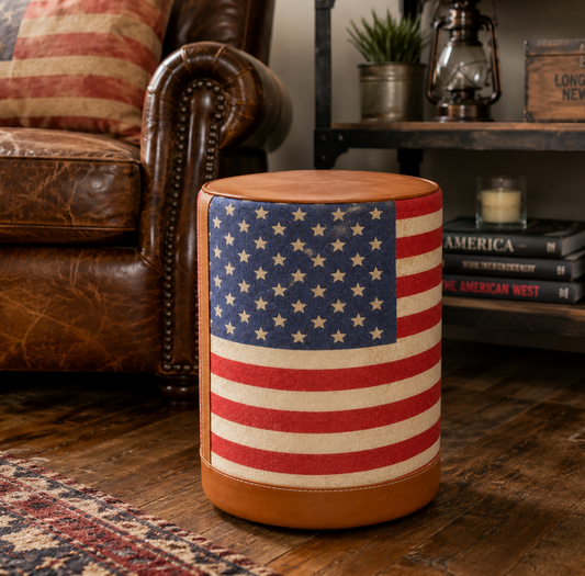 Stars & Stripes USA Flag Pouf Footstool | Genuine Leather & Vintage Fabric