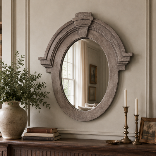 Mansard Arched Mirror | Hand-Carved Whitewashed Mango Wood
