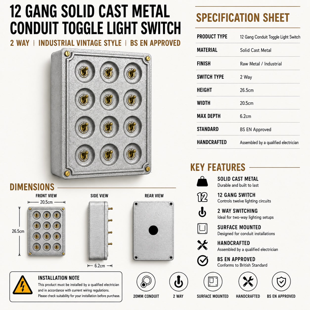 12 Gang 2 Way Solid Cast Metal Conduit Toggle Light Switch | Industrial Vintage Style