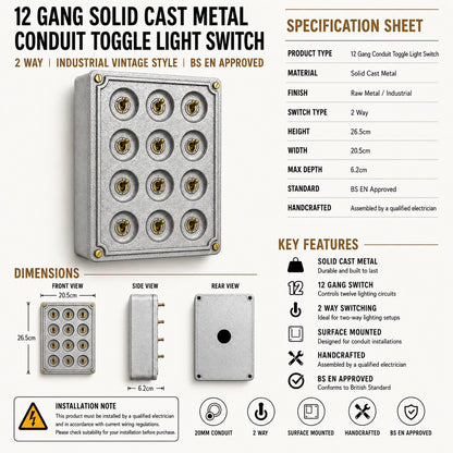 12 Gang 2 Way Solid Cast Metal Conduit Toggle Light Switch | Industrial Vintage Style
