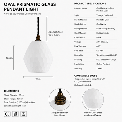 Opal Prismatic Glass Pendant Light |  Vintage Kitchen & Bar Ceiling Shade