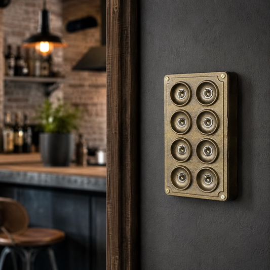 8 Gang 2 Way Bronze Cast Metal Toggle Light Switch | Industrial Surface Mounted Conduit Style