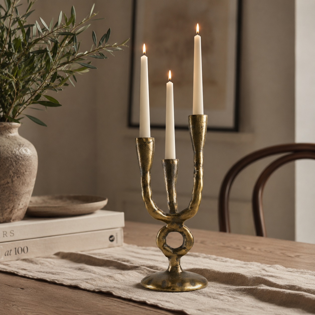 Antique Brass Three Branch Candle Holder | Vintage Candelabra Centrepiece