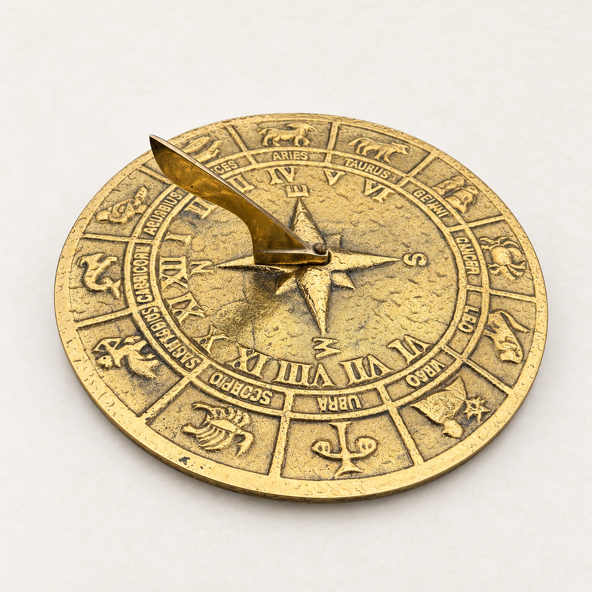 Zodiac Solid Brass and Patina Sculpture Sun Dial Watch Clock