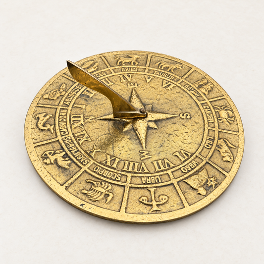 Zodiac Solid Brass and Patina Sculpture Sun Dial Watch Clock