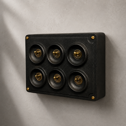 6 Gang 2 Way Matt Black Metal Toggle Light Switch | Surface Mounted Industrial Conduit