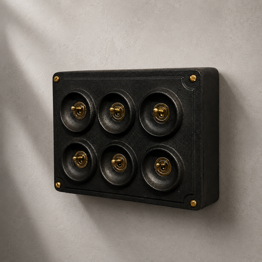 6 Gang 2 Way Matt Black Metal Toggle Light Switch | Surface Mounted Industrial Conduit