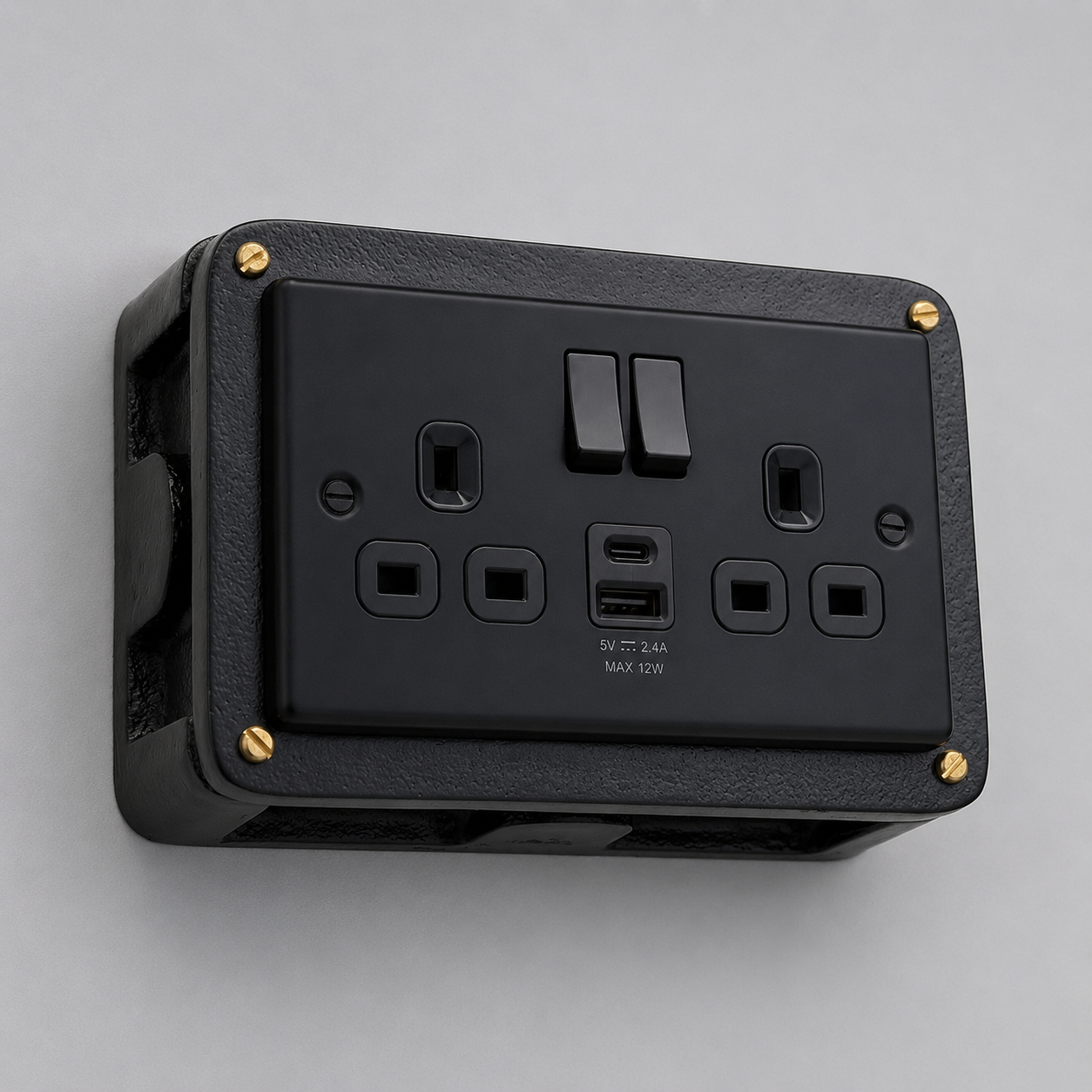 Matt Black Double Switched Solid Cast Metal Conduit 2-Gang Socket + 2.4A 12W 2 Outlet Type A & C USB Charger